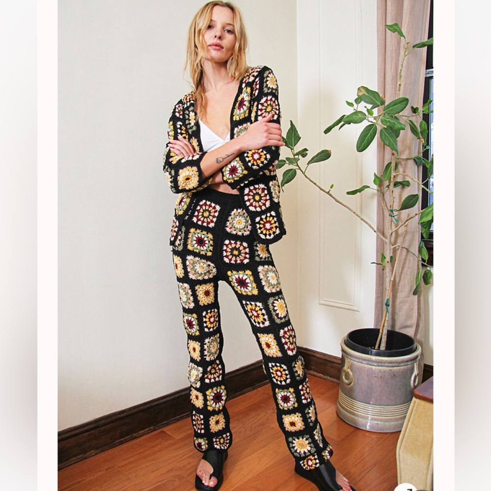 Free People Multicolor Crochet pants and cardigan set